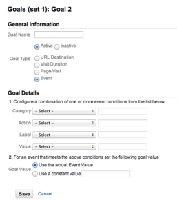 Detalle de un objetivo de tipo evento en Universal Analytics: los desplegables de categoría, acción, etiqueta y valor, y la opción de usar el valor real del evento