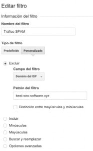 Filtro personalizado llamado «Tráfico SPAM» configurado para excluir por dominio del ISP con el patrón best-seo-software.xyz