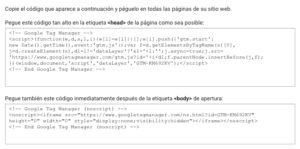Los dos fragmentos de código del contenedor: el primero para pegar lo más arriba posible dentro del head y el segundo justo después de abrir el body