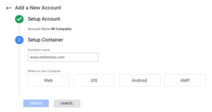 Segundo paso del alta: el nombre del contenedor y las cuatro plataformas donde puede usarse, que son Web, iOS, Android y AMP