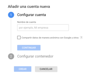 Formulario de alta de una cuenta nueva en Tag Manager, con el campo de nombre y la casilla para compartir datos de forma anónima con Google