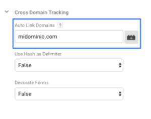 Medición entre dominios configurada con midominio.com en Auto Link Domains, y las opciones de usar hash como delimitador y decorar formularios puestas en False
