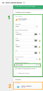 Etiqueta de evento de Universal Analytics con los cinco parámetros numerados (categoría, acción, etiqueta, valor y hit de no interacción) y el activador de clic en enlace