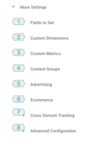 Los ocho bloques de «More Settings» de la variable de ajustes: campos a establecer, dimensiones personalizadas, métricas personalizadas, grupos de contenido, publicidad, comercio electrónico, medición entre dominios y configuración avanzada