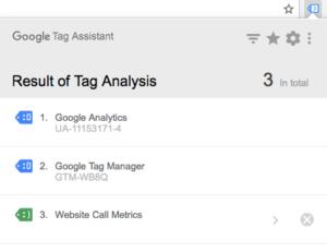 Google Tag Assistant con el resultado del análisis: tres etiquetas detectadas en la página, que son Google Analytics, Google Tag Manager y Website Call Metrics