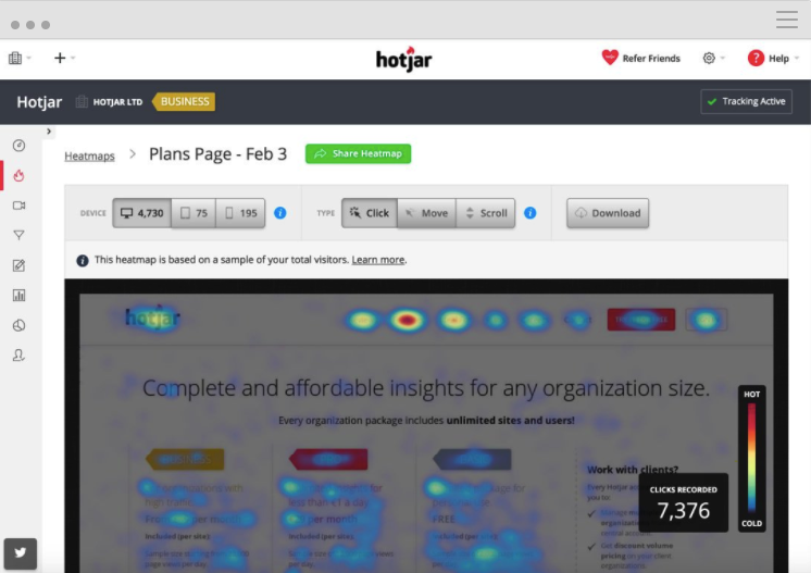 Datos cualitativos: Mapa de calor de clicks con Hotjar
