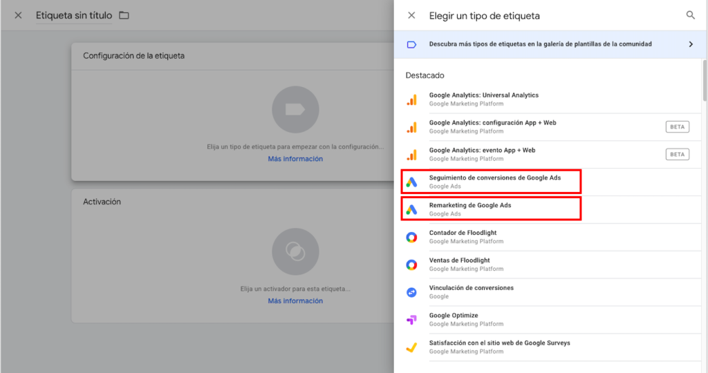 El selector de tipo de etiqueta de Tag Manager con las dos opciones de Google Ads recuadradas en rojo: seguimiento de conversiones y remarketing