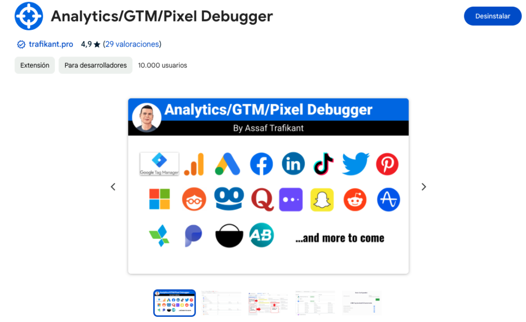 Ficha de la extensión Analytics/GTM/Pixel Debugger en la Chrome Web Store: 4,9 estrellas con 29 valoraciones y 10.000 usuarios, con los logotipos de las plataformas que soporta