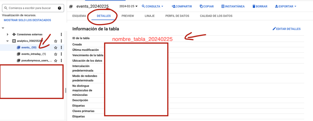 encontrar el table name en bigquery