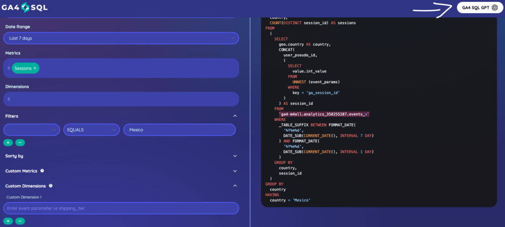 La herramienta GA4SQL: a la izquierda los selectores de rango de fechas, métricas, dimensiones y filtros; a la derecha la consulta de BigQuery que genera con ellos