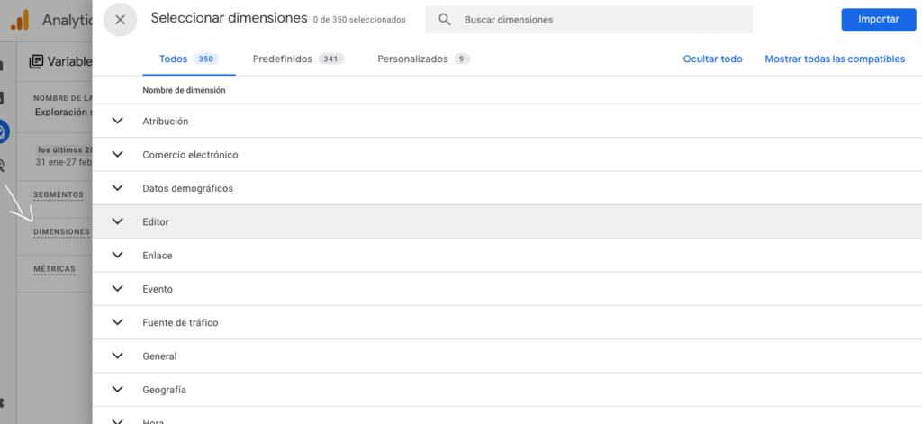 ver todas las dimensiones en ga4