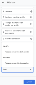 tasa de conversion de usuario y sesion en ga4