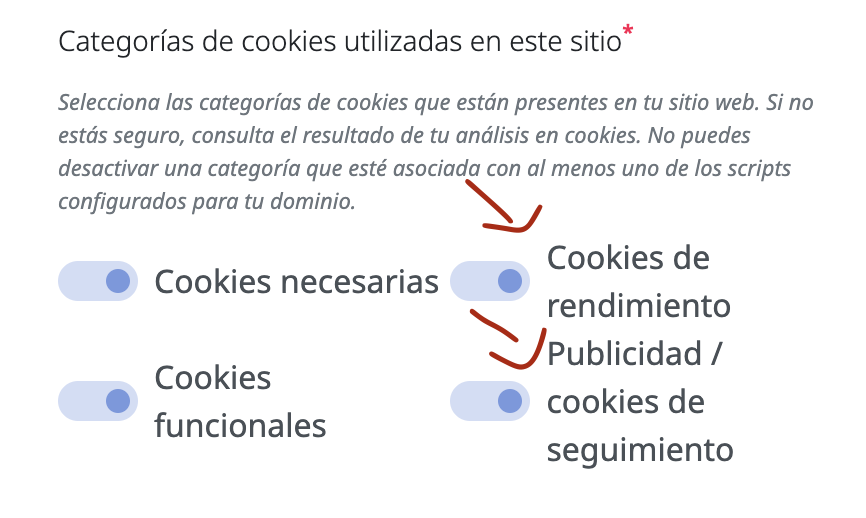 Pantalla de categorías de cookies con cuatro interruptores (necesarias, funcionales, de rendimiento y de publicidad o seguimiento) y dos flechas rojas señalando las dos últimas