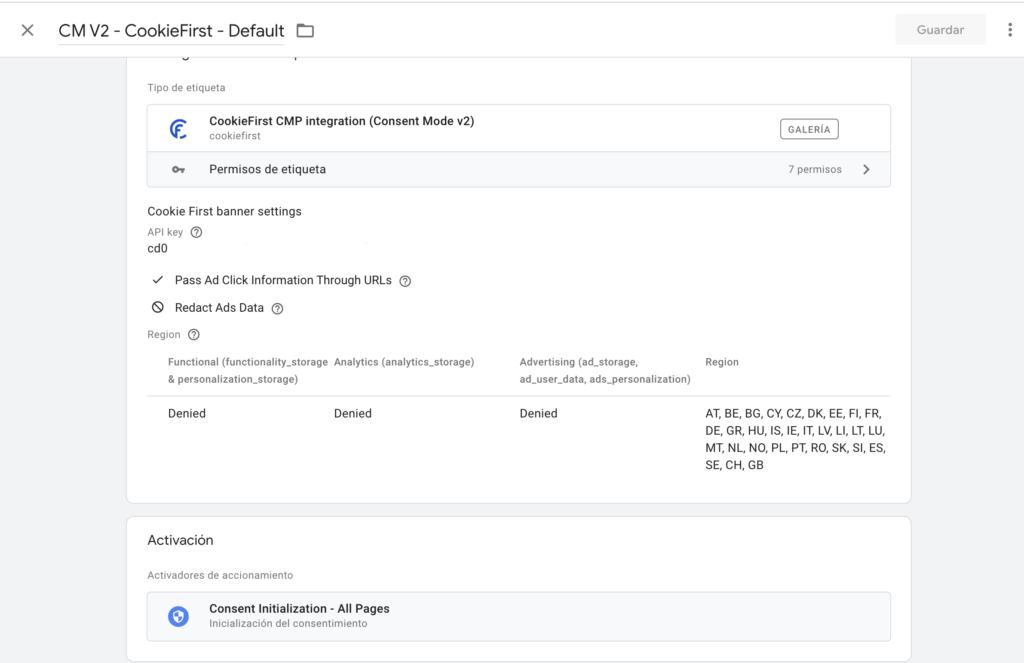 Etiqueta de integración de CookieFirst con Consent Mode v2 en Tag Manager: los tres tipos de almacenamiento en Denied para los países de la Unión Europea y Reino Unido, disparada en la inicialización del consentimiento