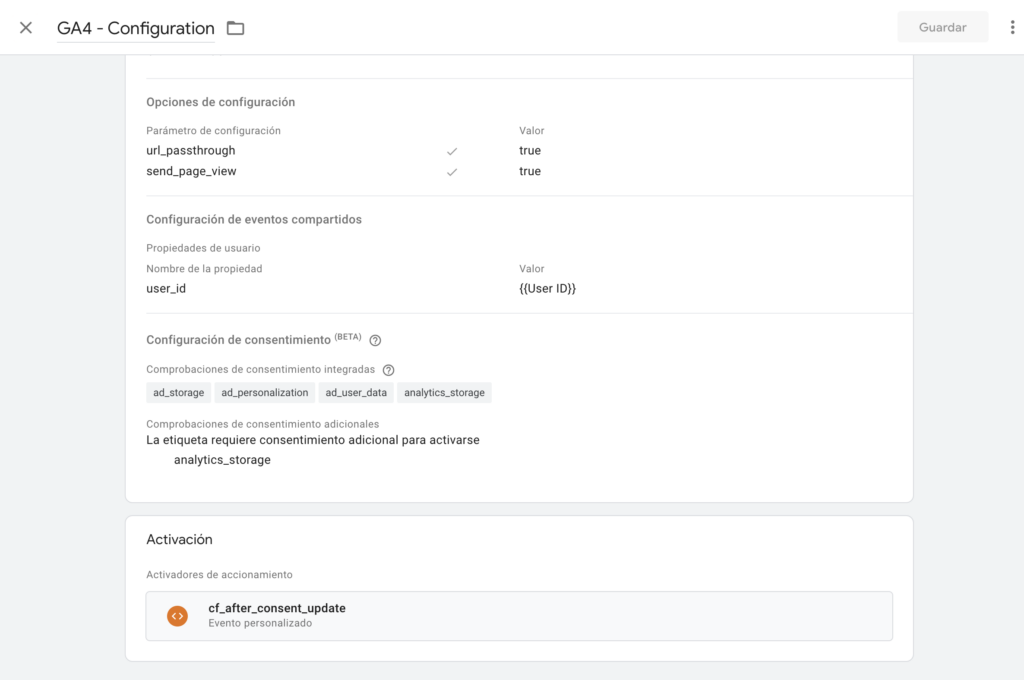 configuración de consentimiento en las etiquetas de Google analytics 4