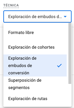menu donde seleccionar exploracion de embudos de conversion