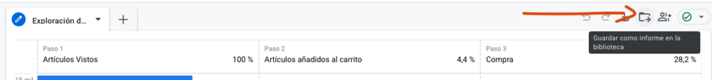 botón para compartir una exploración de embudo como informe en ga4
