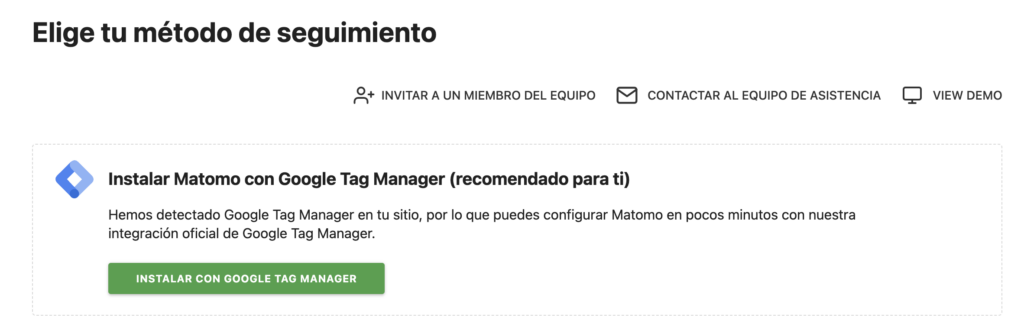 Matomo recomienda instalar el código vía Google Tag Manager