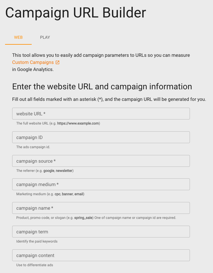 El Campaign URL Builder de Google con sus campos: URL del sitio, ID de campaña, origen, medio, nombre, término y contenido de campaña