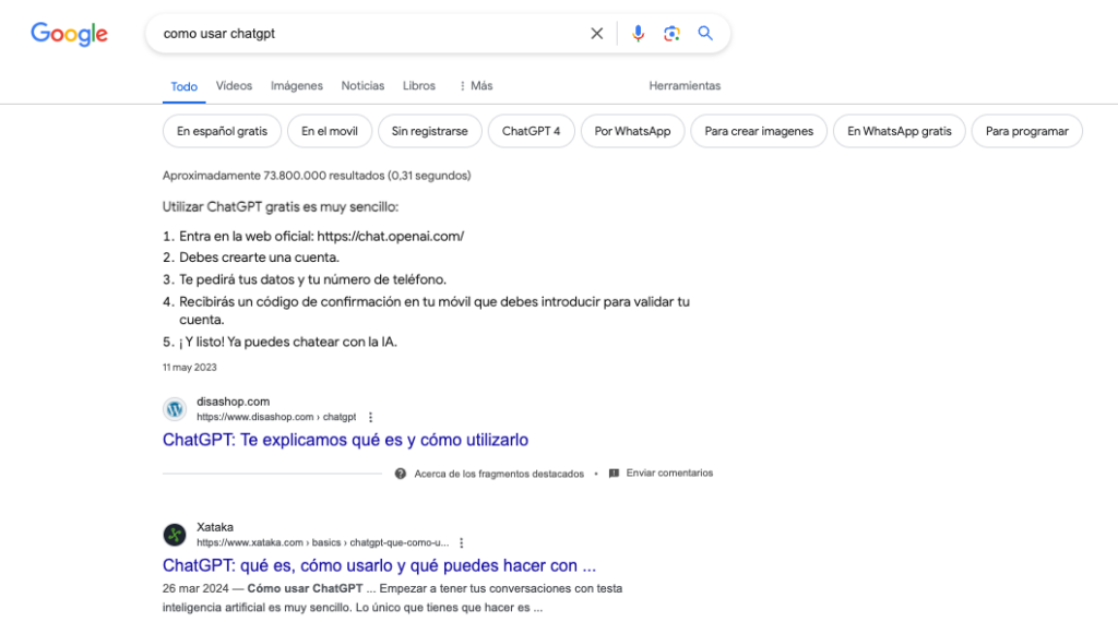 resultados de búsqueda con fecha en la descripción