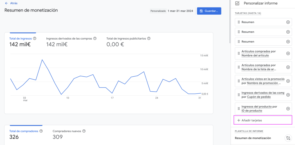 añadir tarjeta en informe resumen de monetizacion ga4