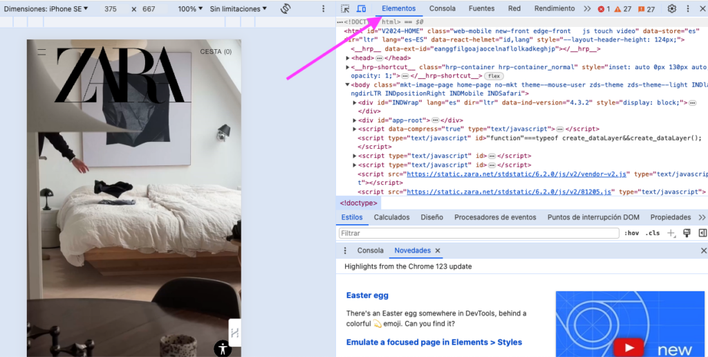 representacion del DOM de una página web en Chrome Dev Tools
