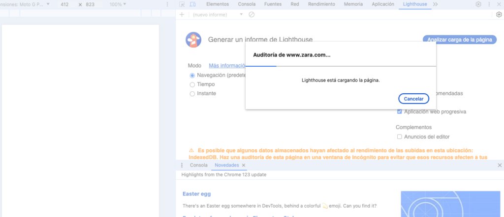 ejemplo del uso de LightHouse en Chrome Dev Tools