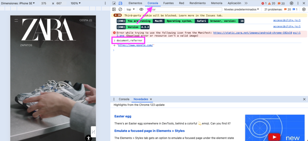 ver el referral con Chrome dev tools en la consola