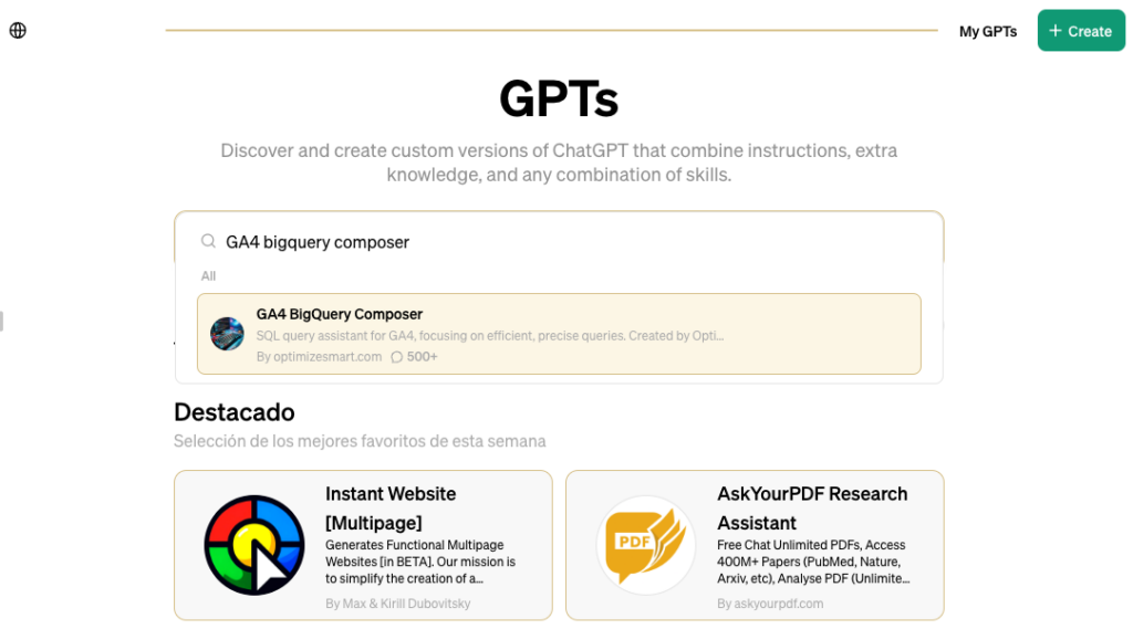 Encontrar GA4 Bigquery Composer en la tienda de gpts