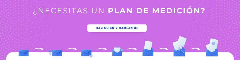 Banner morado con el texto «¿Necesitas un plan de medición?» y el botón «Haz click y hablamos», sobre una ilustración de sobres de correo en fila