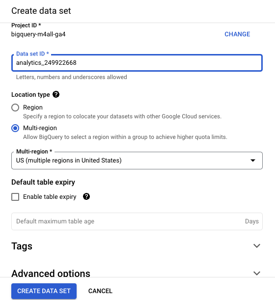 Formulario «Create data set» de BigQuery con el identificador analytics_249922668 y la ubicación configurada como multirregión de Estados Unidos